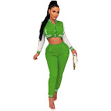 Patchwork Baseball Jackets Crop Top And Pants Suit WSM-5335