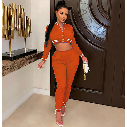 Fall Baseball Jacket Crop Tops Casual Sweat Pant Suits WSM-5334