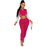 Patchwork Baseball Jackets Crop Top And Pants Suit WSM-5335