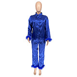 Feather Spliced Long Sleeve Shirt Straight Pants Suit WSY-5956