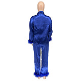 Feather Spliced Long Sleeve Shirt Straight Pants Suit WSY-5956