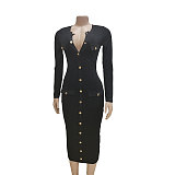 Solid Long Sleeve Single breasted Slim Bodycon Dress NY-7301