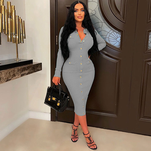 Solid Long Sleeve Single breasted Slim Bodycon Dress NY-7301