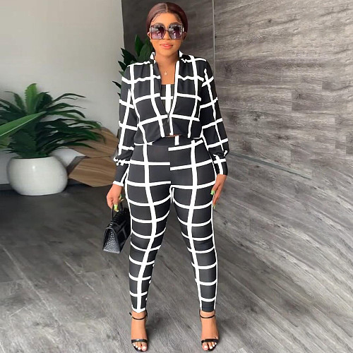 Plaid Long Sleeve Shirt Tube Crop Top Pencil Pants 3 Pcs Set MEI-9285