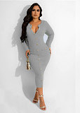 Solid Long Sleeve Single breasted Slim Bodycon Dress NY-7301