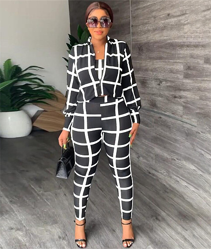 Plaid Long Sleeve Shirt Tube Crop Top Pencil Pants 3 Pcs Set MEI-9285