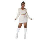Solid Knitted Sweater Crop Tops Mini Skirt Two Piece Set DY-6912