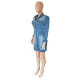Buttons Up Long Sleeve Backless Holes Jeans Dress LX-6949