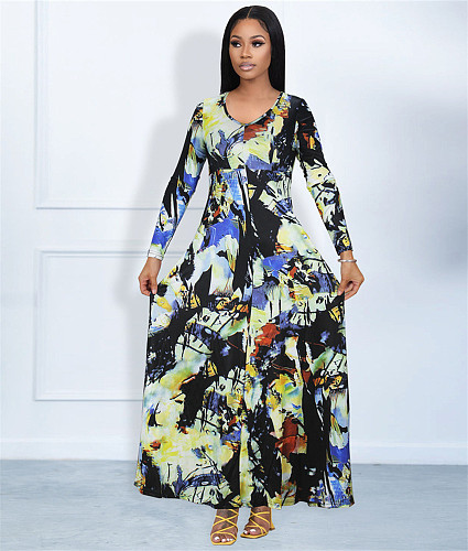 XS Abstract Print V Neck A Line Big Swing Maxi Dresses JLY-19482