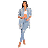 Chic Single-breasted Ripped Holes Loose Denim Coat LX-3637