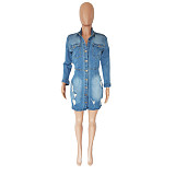 Buttons Up Long Sleeve Backless Holes Jeans Dress LX-6949