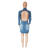 Buttons Up Long Sleeve Backless Holes Jeans Dress LX-6949