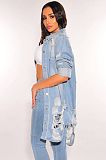 Chic Single-breasted Ripped Holes Loose Denim Coat LX-3637