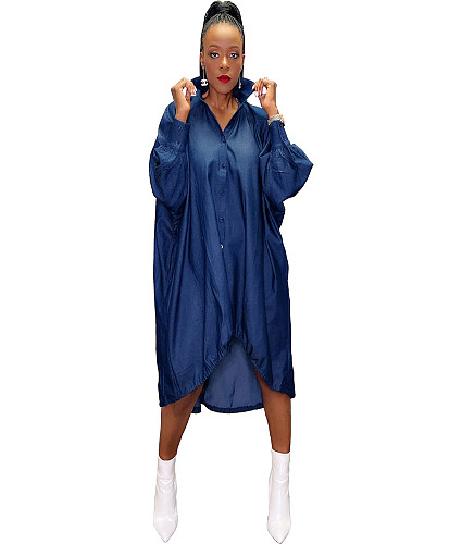 Turn Down Collar Single-breasted Loose Denim Dress MUX-6118