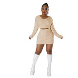 Solid Knitted Sweater Crop Tops Mini Skirt Two Piece Set DY-6912