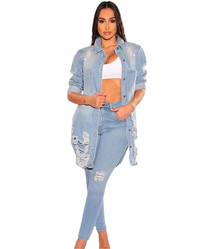 Chic Single-breasted Ripped Holes Loose Denim Coat LX-3637