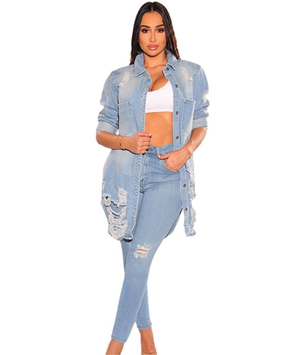 Chic Single-breasted Ripped Holes Loose Denim Coat LX-3637