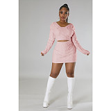 Solid Knitted Sweater Crop Tops Mini Skirt Two Piece Set DY-6912