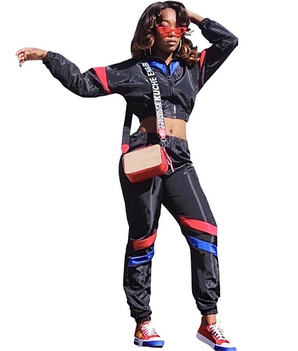 Geometric Patch Casual Jacket Sports Pants 2 Piece Set QZX-6268