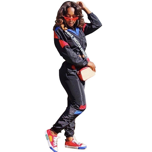 Geometric Patch Casual Jacket Sports Pants 2 Piece Set QZX-6268
