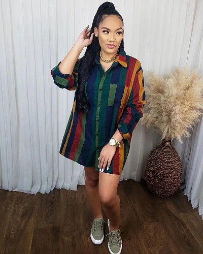Chic Long Sleeve Striped Button Down Shirt Dress BER-7019