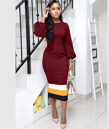 Color Matching Lantern Sleeve Bodycon Pencil Dresses OM-1503