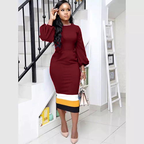 Color Matching Lantern Sleeve Bodycon Pencil Dresses OM-1503