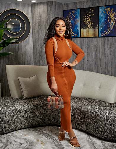 Turtleneck Halter Crop Top Long Sleeve Dress Set ZAND-31263