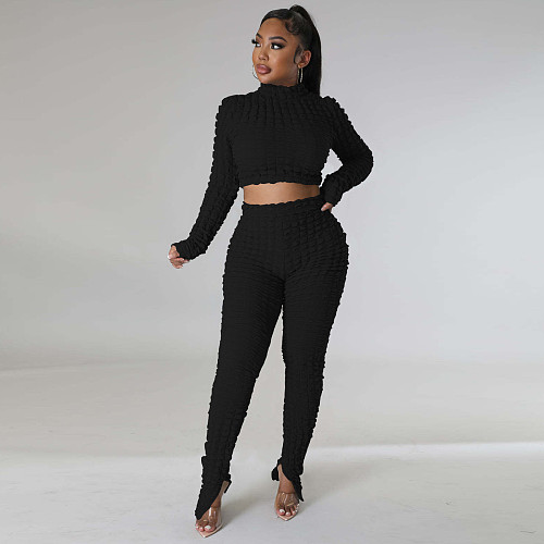Winter Turtleneck Crop Top Split Pants Two Pieces Set MA-535