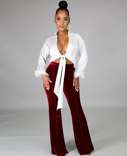 Autumn Solid Color Mid Waist Velvet Flare Pants MA-531