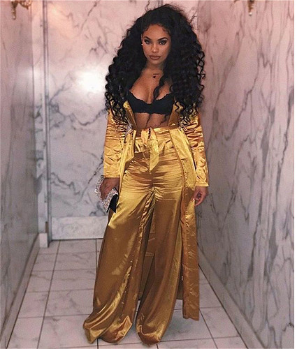 Satin Loose Long Coats and Wide Leg Pants Outfits YF-9289