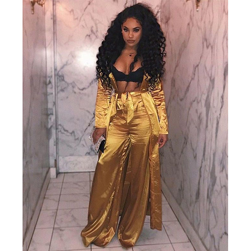 Satin Loose Long Coats and Wide Leg Pants Outfits YF-9289