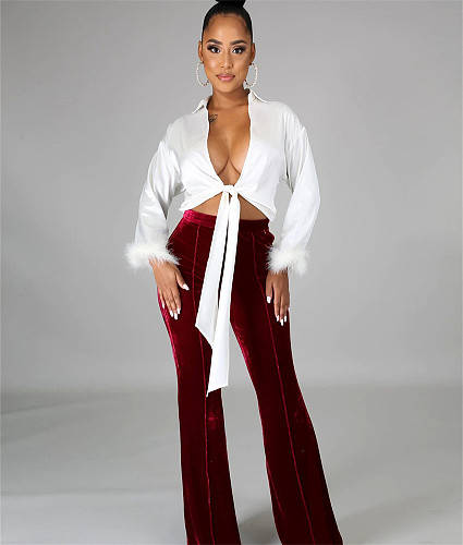 Autumn Solid Color Mid Waist Velvet Flare Pants MA-531