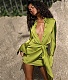 Turn Down Collar Long Sleeve Lace Up Mini Shirt Dress BS-1326