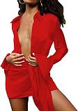 Turn Down Collar Long Sleeve Lace Up Mini Shirt Dress BS-1326