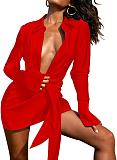 Turn Down Collar Long Sleeve Lace Up Mini Shirt Dress BS-1326
