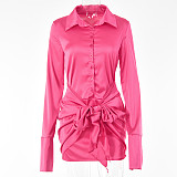 Turn Down Collar Long Sleeve Lace Up Mini Shirt Dress BS-1326
