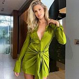 Turn Down Collar Long Sleeve Lace Up Mini Shirt Dress BS-1326
