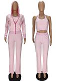 Solid Tank Crop Top Jackets Leggings 3 Piece Jogger Sets NM-8532