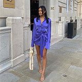 Turn Down Collar Long Sleeve Lace Up Mini Shirt Dress BS-1326