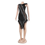 Sexy See-through Mesh Hot Drill Feather Hem Party Dress NY-2596