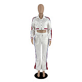 Side Striped Button Up Cropped Jacket Wide Leg Pants Set YB-60186