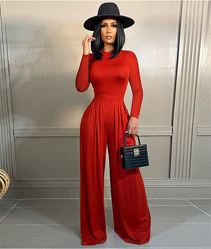 Ladies Solid Long Sleeve Top Wide Leg Pants Outfits FSX-368