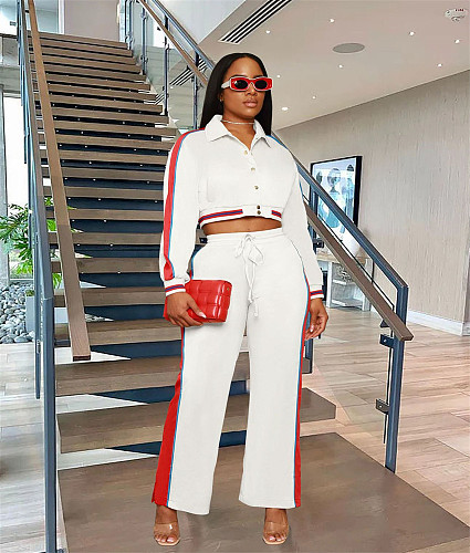Side Striped Button Up Cropped Jacket Wide Leg Pants Set YB-60186