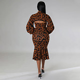Leopard Print Lantern Sleeve Crop Top Strapless Dress Sets YF-10344