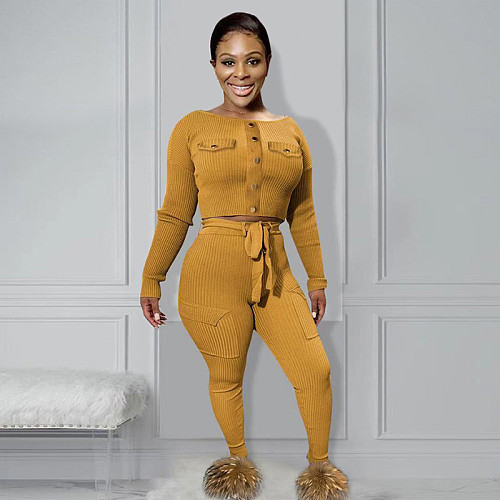 Knitted Long Sleeve Crop Top Skinny Pants Outfits OY-6386