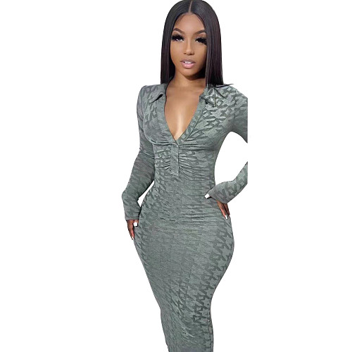 Long Sleeve Skinny Bodycon Aesthetic Print Maxi Dress OD-8516