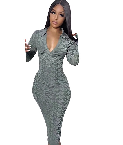 Long Sleeve Skinny Bodycon Aesthetic Print Maxi Dress OD-8516