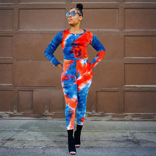 Casual Tie Dye Print Crop Top Leggings 2 Piece Set FE-259