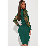 Mesh Patchwork Long Sleeve Half High Collar Pencil Dress ASL-6620